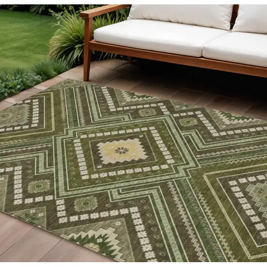 Olive Green Gray And Ivory Tribal Washable Indoor Outdoor Area Rug Photo 1