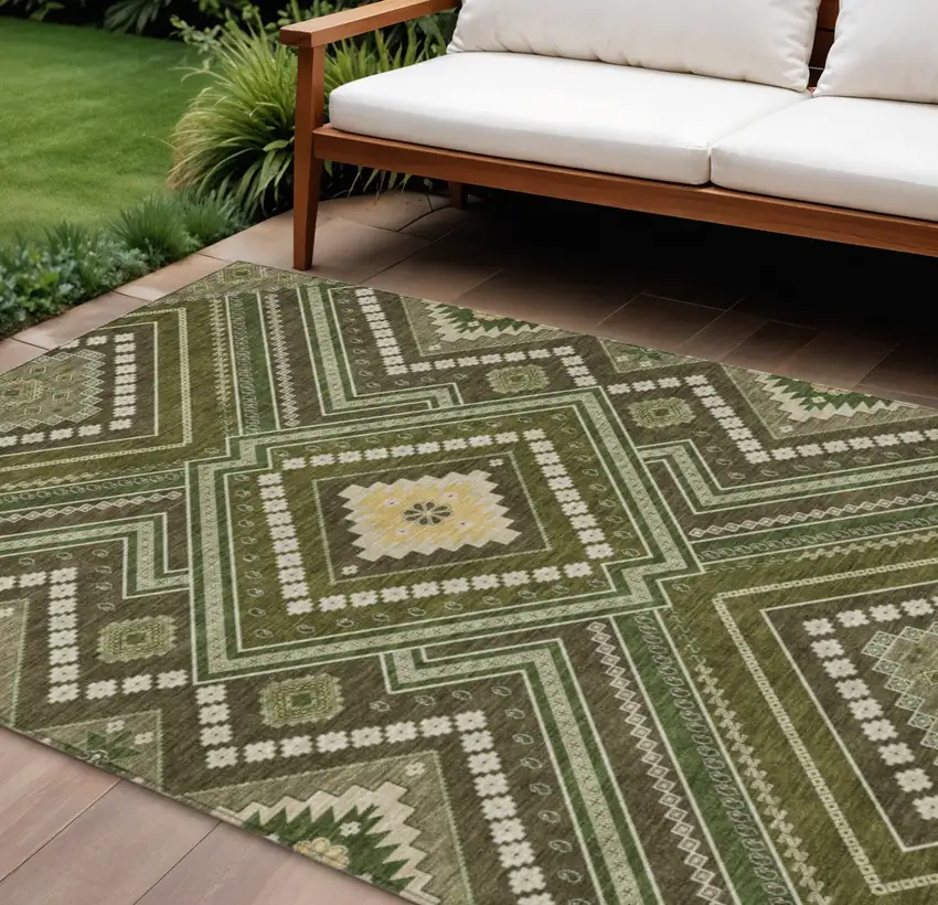 Olive Green Gray And Ivory Tribal Washable Indoor Outdoor Area Rug Photo 1