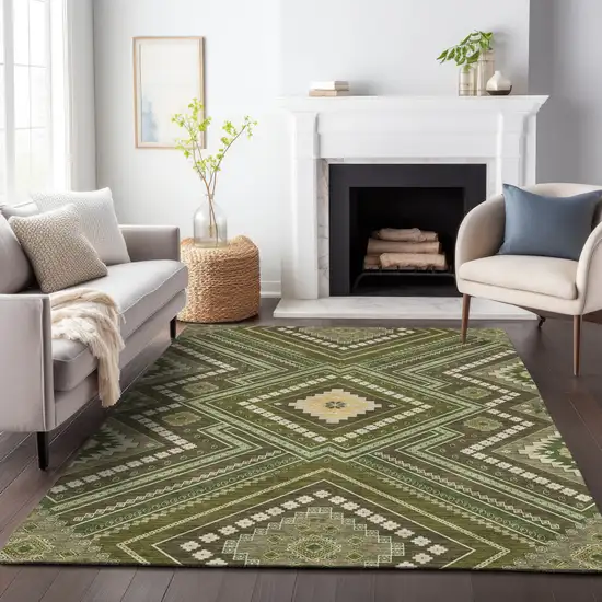 Olive Green Gray And Ivory Tribal Washable Indoor Outdoor Area Rug Photo 9