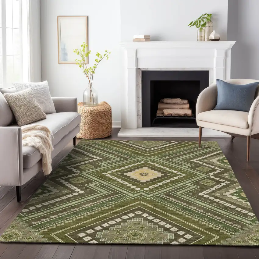 Olive Green Gray And Ivory Tribal Washable Indoor Outdoor Area Rug Photo 9