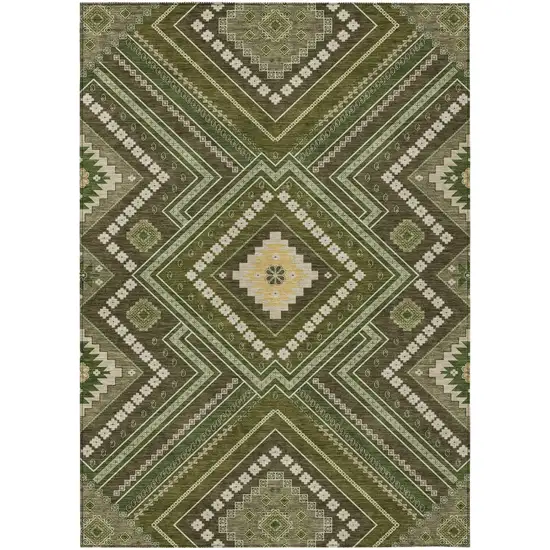 Olive Green Gray And Ivory Tribal Washable Indoor Outdoor Area Rug Photo 2