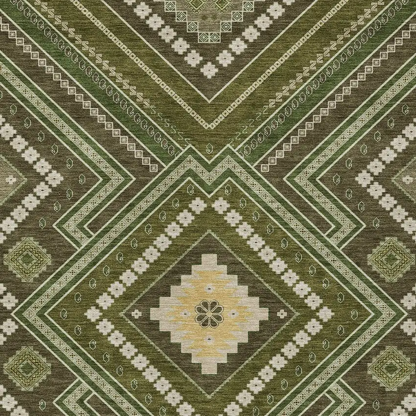 Olive Green Gray And Ivory Tribal Washable Indoor Outdoor Area Rug Photo 5