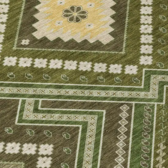 Olive Green Gray And Ivory Tribal Washable Indoor Outdoor Area Rug Photo 6