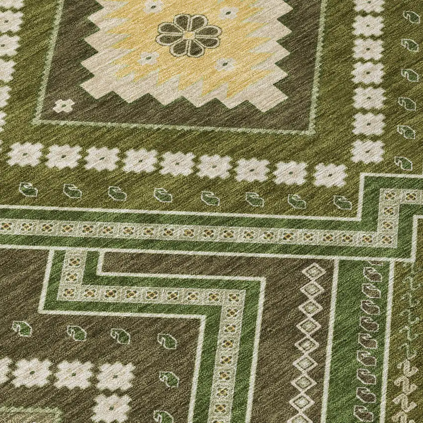 Olive Green Gray And Ivory Tribal Washable Indoor Outdoor Area Rug Photo 6