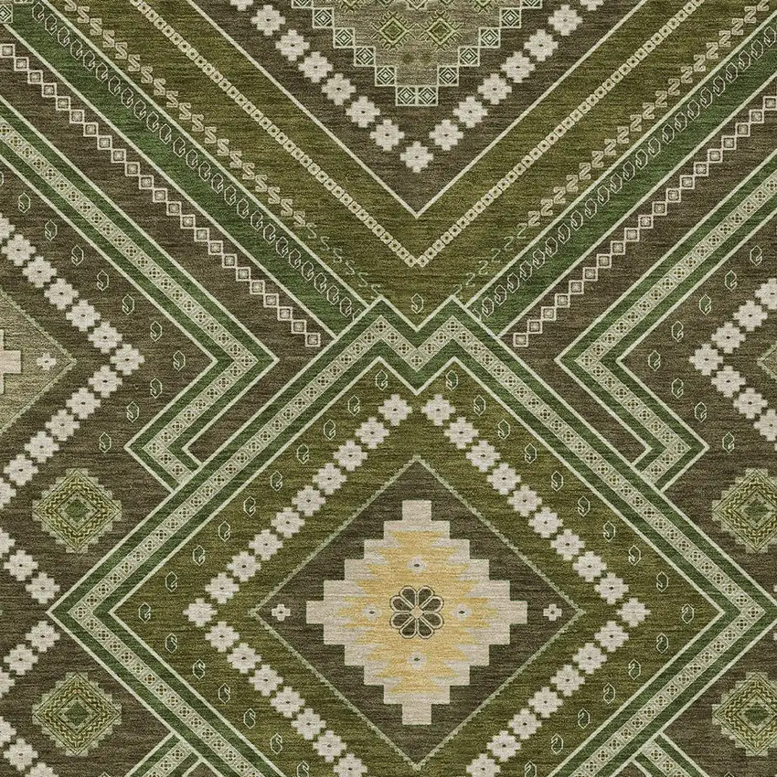 Olive Green Gray And Ivory Tribal Washable Indoor Outdoor Area Rug Photo 5
