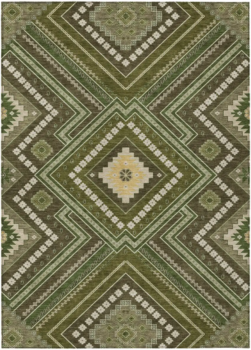 Olive Green Gray And Ivory Tribal Washable Indoor Outdoor Area Rug Photo 2