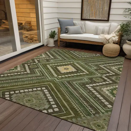 Olive Green Gray And Ivory Tribal Washable Indoor Outdoor Area Rug Photo 8