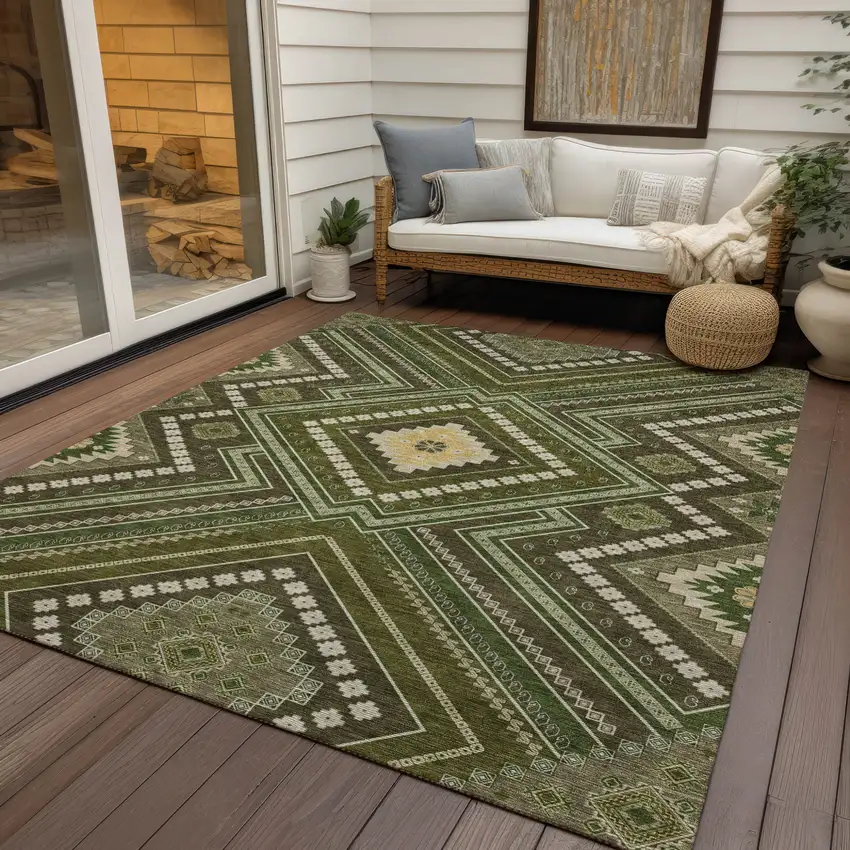 Olive Green Gray And Ivory Tribal Washable Indoor Outdoor Area Rug Photo 8