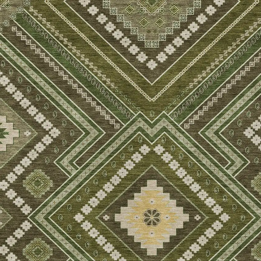 Olive Green Gray And Ivory Tribal Washable Indoor Outdoor Area Rug Photo 5