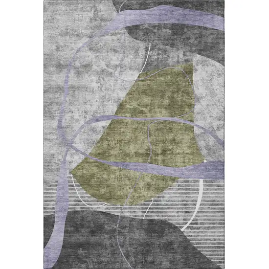 Olive Green Gray And Silver Abstract Geometric Washable Area Rug With UV Protection Photo 4