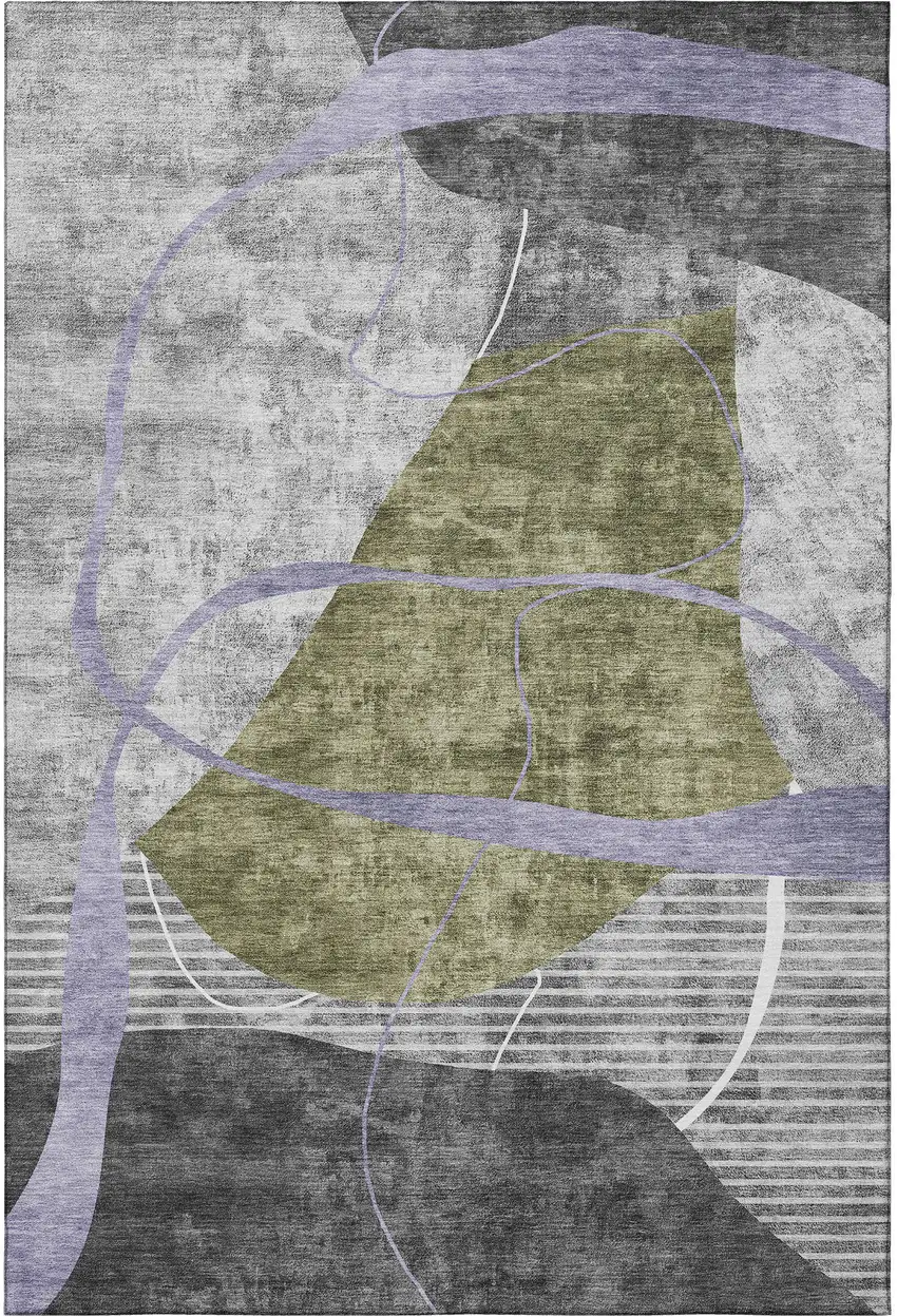 Olive Green Gray And Silver Abstract Geometric Washable Area Rug With UV Protection Photo 4