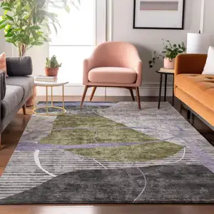 Photo of Olive Green Gray And Silver Abstract Geometric Washable Area Rug With UV Protection