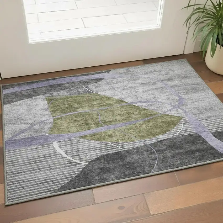 Olive Green Gray And Silver Abstract Geometric Washable Area Rug With UV Protection Photo 2