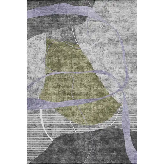 Olive Green Gray And Silver Abstract Geometric Washable Area Rug With UV Protection Photo 1