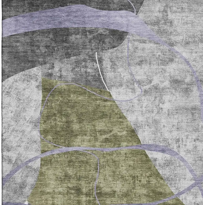 Olive Green Gray And Silver Abstract Geometric Washable Area Rug With UV Protection Photo 3