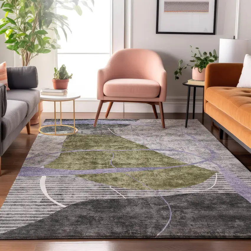 Olive Green Gray And Silver Abstract Geometric Washable Area Rug With UV Protection Photo 5