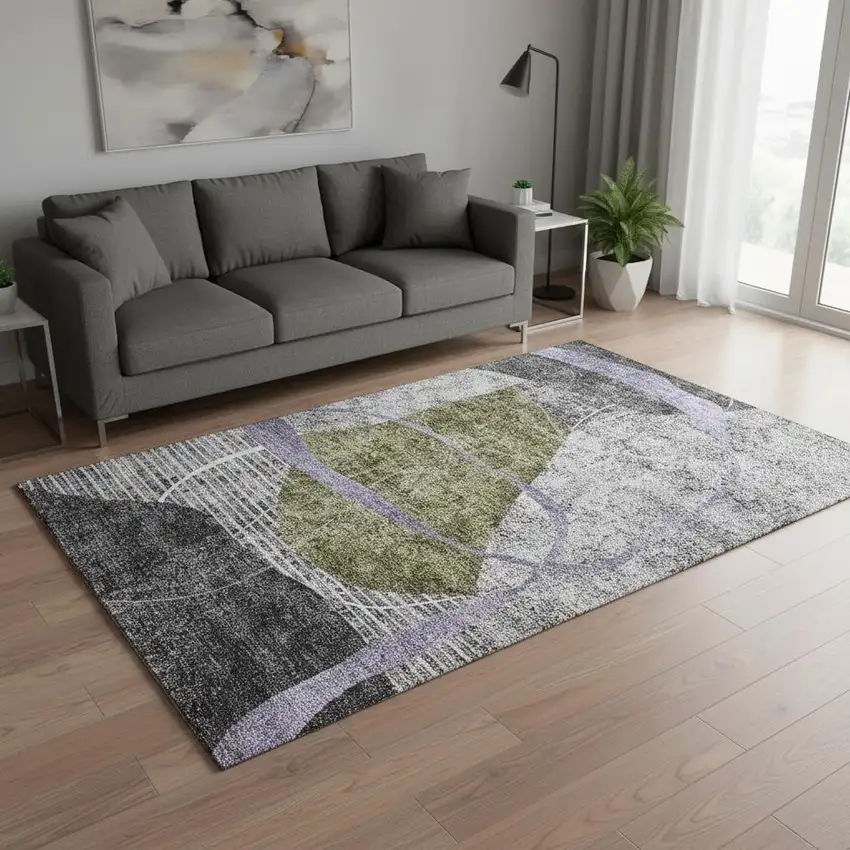 Olive Green Gray And Silver Abstract Geometric Washable Area Rug With UV Protection Photo 2