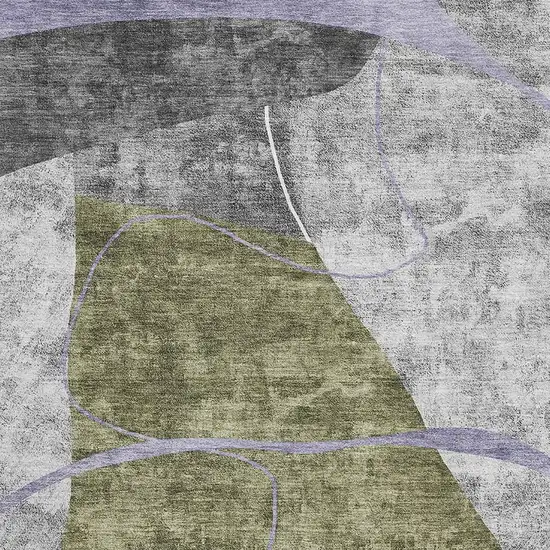 Olive Green Gray And Silver Abstract Geometric Washable Area Rug With UV Protection Photo 3