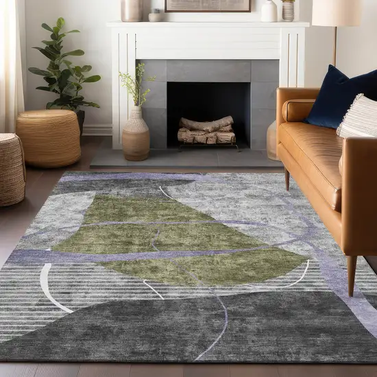 Olive Green Gray And Silver Abstract Geometric Washable Area Rug With UV Protection Photo 6