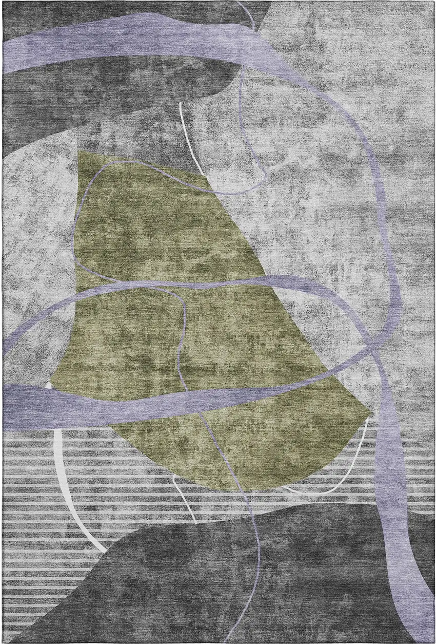 Olive Green Gray And Silver Abstract Geometric Washable Area Rug With UV Protection Photo 1