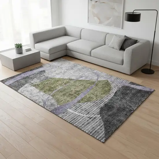 Olive Green Gray And Silver Abstract Geometric Washable Area Rug With UV Protection Photo 2