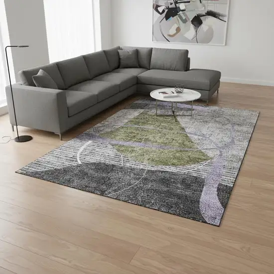 Olive Green Gray And Silver Abstract Geometric Washable Area Rug With UV Protection Photo 2