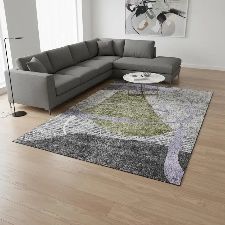 Olive Green Gray And Silver Abstract Geometric Washable Area Rug With UV Protection Photo 2