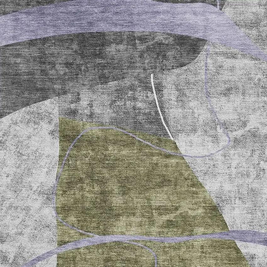Olive Green Gray And Silver Abstract Geometric Washable Area Rug With UV Protection Photo 3