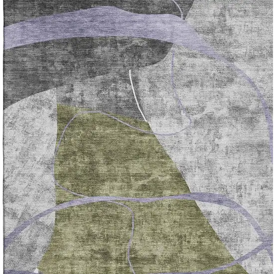 Olive Green Gray And Silver Abstract Geometric Washable Area Rug With UV Protection Photo 4