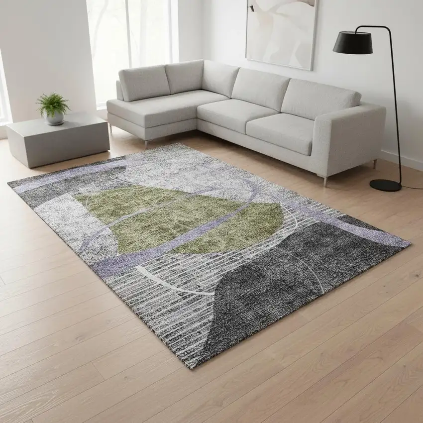 Olive Green Gray And Silver Abstract Geometric Washable Area Rug With UV Protection Photo 2