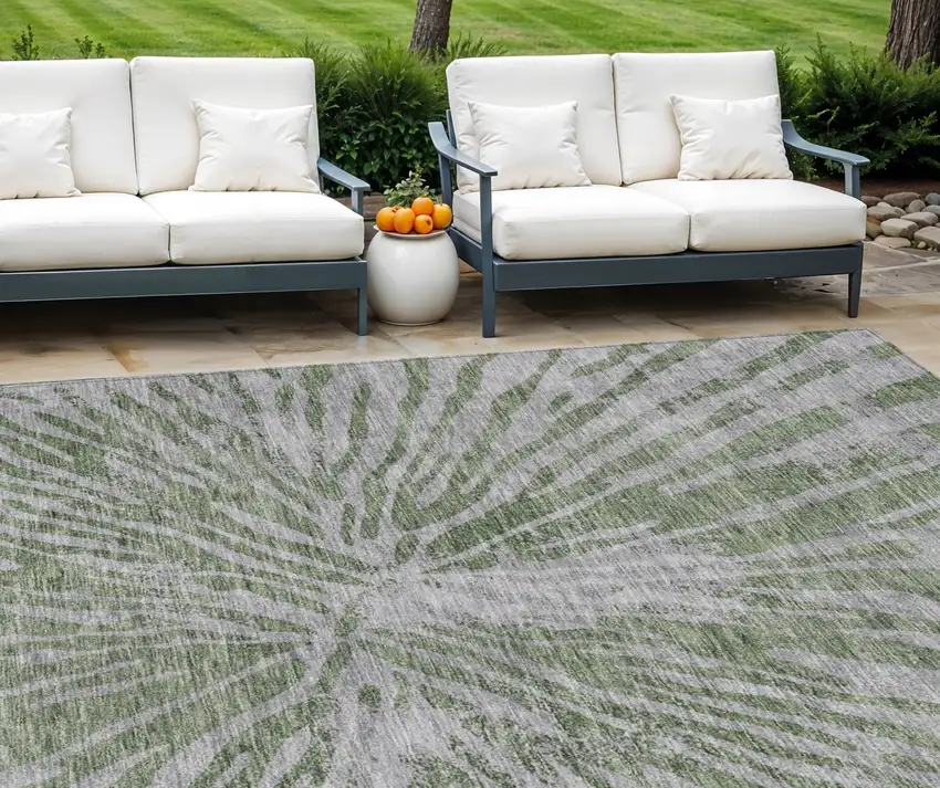 Olive Green Gray And Silver Abstract Washable Indoor Outdoor Area Rug Photo 1