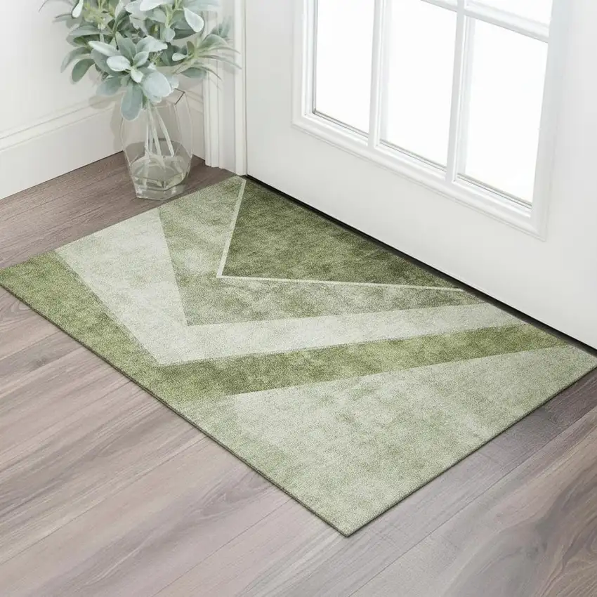 Olive Green Gray And Silver Geometric Washable Area Rug With UV Protection Photo 1