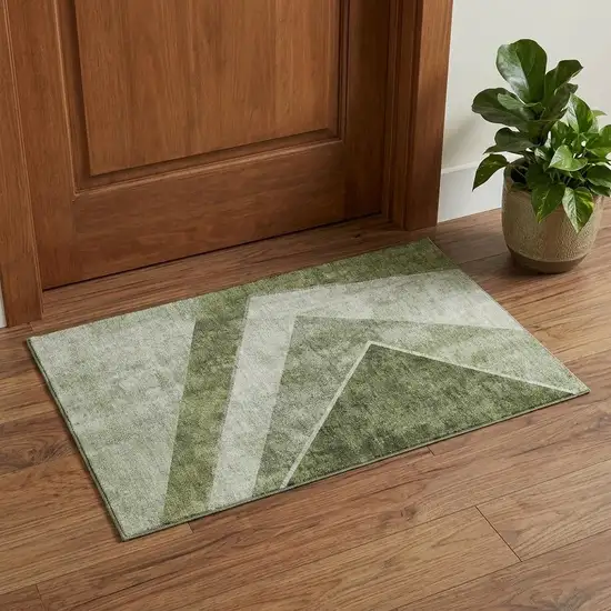 Olive Green Gray And Silver Geometric Washable Area Rug With UV Protection Photo 1