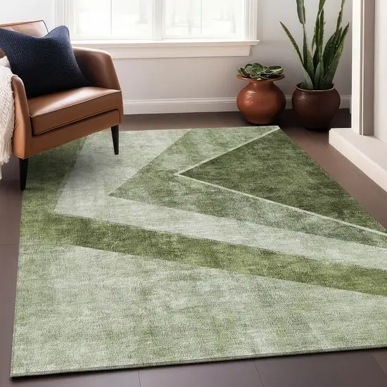 Olive Green Gray And Silver Geometric Washable Area Rug With UV Protection Photo 5