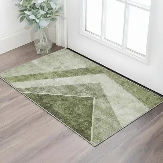 Olive Green Gray And Silver Geometric Washable Area Rug With UV Protection Photo 2