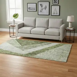 Photo of Olive Green Gray And Silver Geometric Washable Area Rug With UV Protection