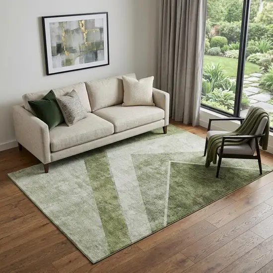 Olive Green Gray And Silver Geometric Washable Area Rug With UV Protection Photo 1