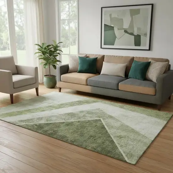 Olive Green Gray And Silver Geometric Washable Area Rug With UV Protection Photo 1