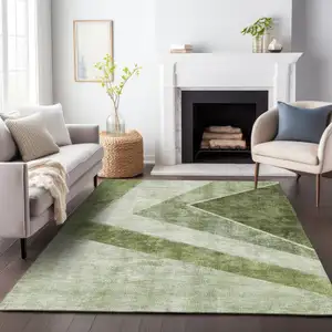 Photo of Olive Green Gray And Silver Geometric Washable Area Rug With UV Protection