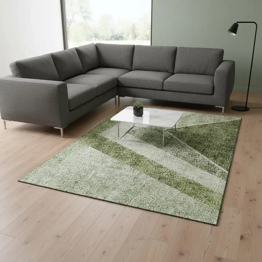 Olive Green Gray And Silver Geometric Washable Area Rug With UV Protection Photo 1