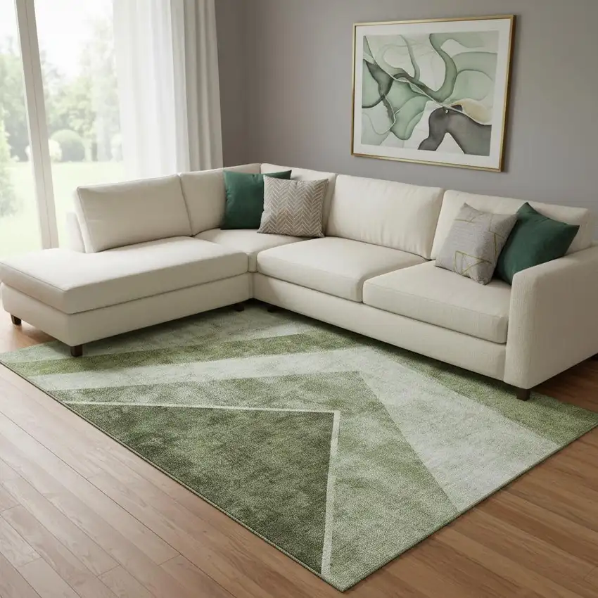 Olive Green Gray And Silver Geometric Washable Area Rug With UV Protection Photo 1