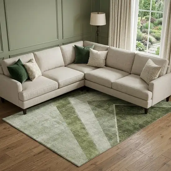 Olive Green Gray And Silver Geometric Washable Area Rug With UV Protection Photo 1