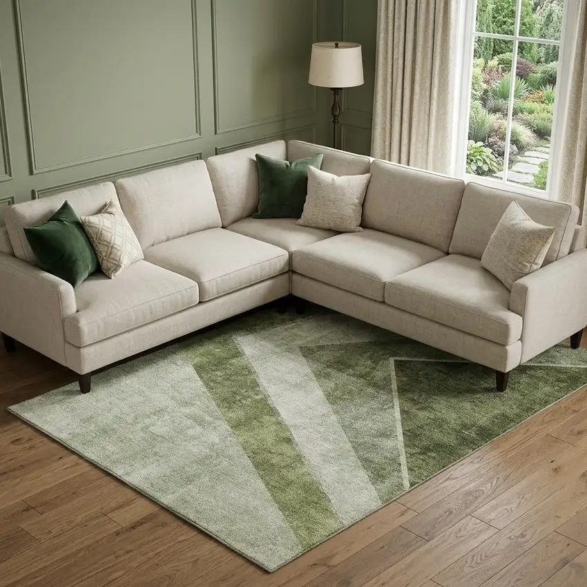 Olive Green Gray And Silver Geometric Washable Area Rug With UV Protection Photo 1