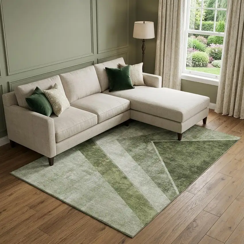 Olive Green Gray And Silver Geometric Washable Area Rug With UV Protection Photo 1