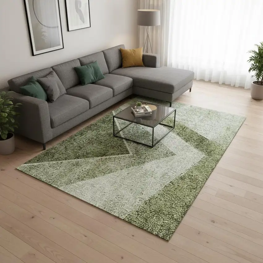 Olive Green Gray And Silver Geometric Washable Area Rug With UV Protection Photo 1