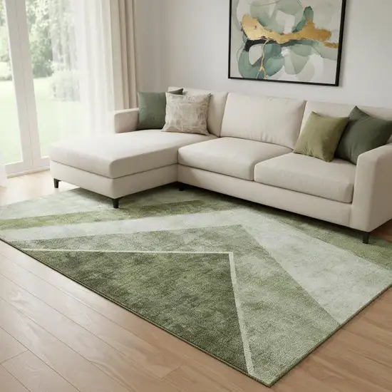 Olive Green Gray And Silver Geometric Washable Area Rug With UV Protection Photo 1