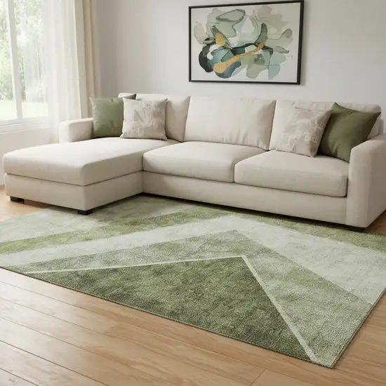 Olive Green Gray And Silver Geometric Washable Area Rug With UV Protection Photo 1