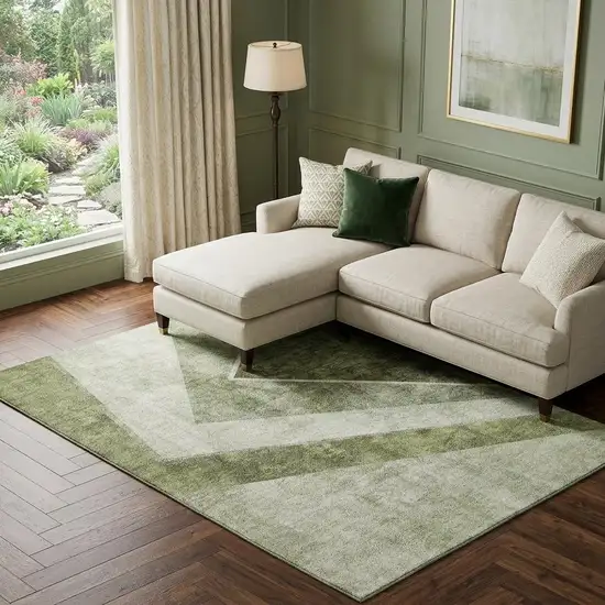Olive Green Gray And Silver Geometric Washable Area Rug With UV Protection Photo 1