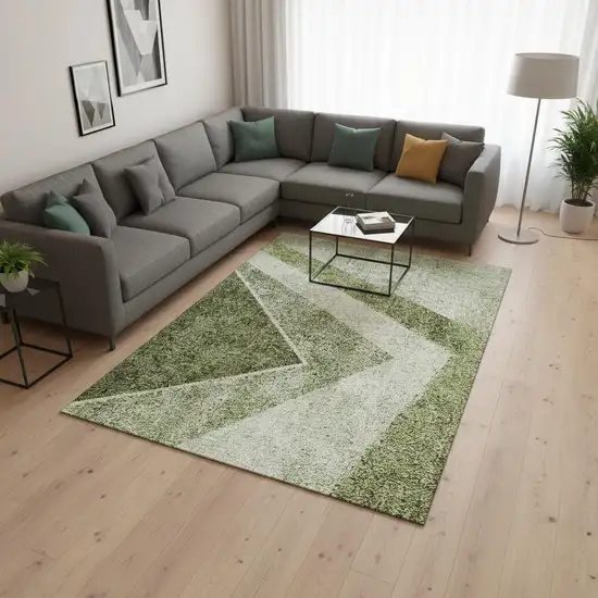 Olive Green Gray And Silver Geometric Washable Area Rug With UV Protection Photo 1