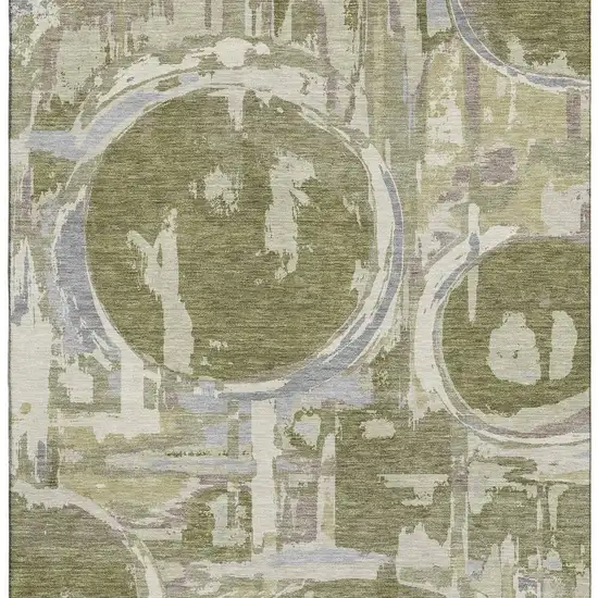 Olive Green Gray And Silver Geometric Washable Area Rug With UV Protection Photo 4